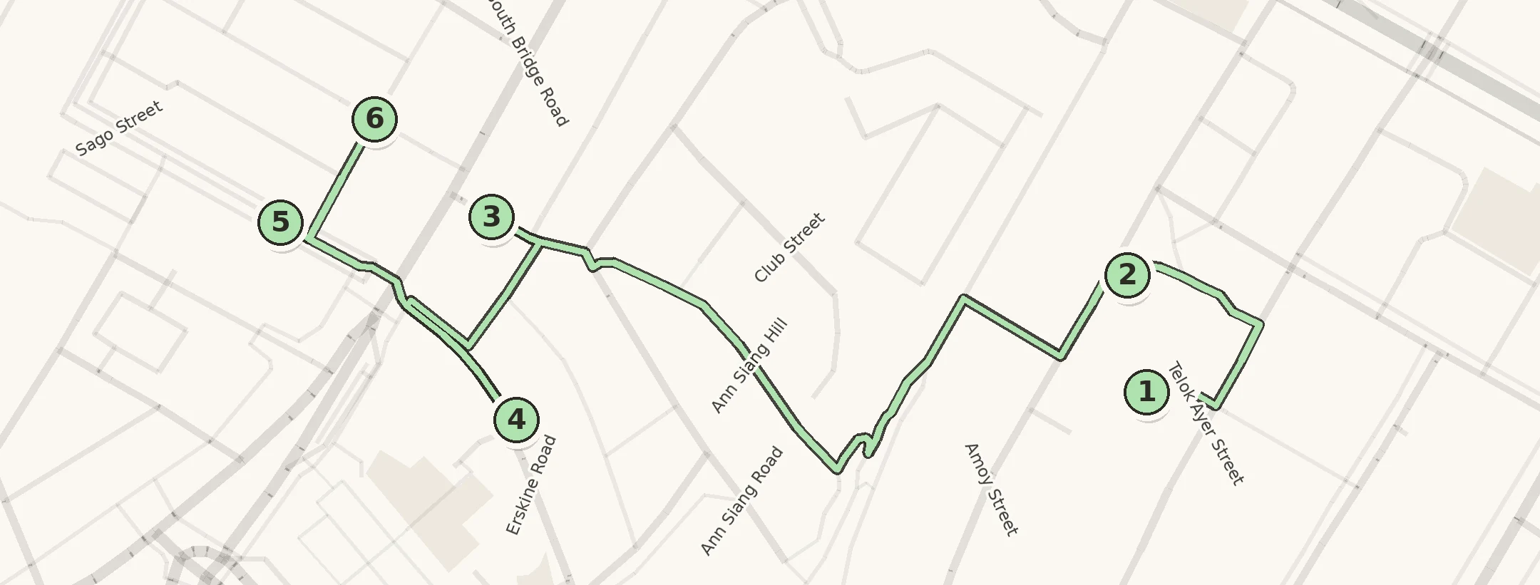 Map of Chinatown with the six stops of the walk numbered in order: Thian Hock Keng Temple, the Thian Hock Keng mural by Yip Yew Chong, Ann Siang Hill, Erskine Road, Sago Street and Smith Street.